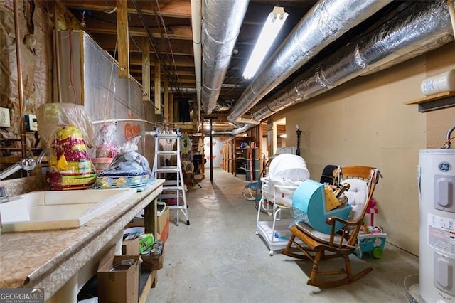 basement with sink and water heater