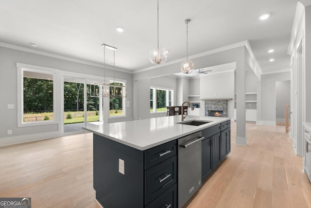 170 Ewing Way, Dacula, GA 30019 - kitchen featuring stainless steel dishwasher, open floor plan, dark cabinetry, light countertops, and crown molding