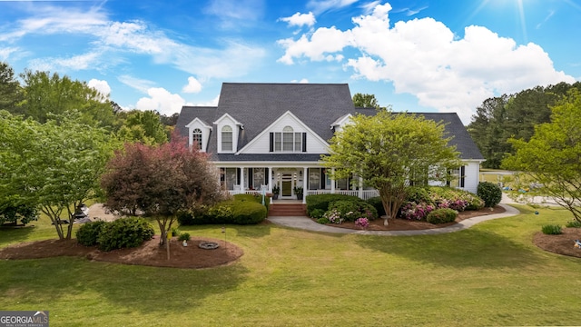 new england style home featuring a porch and a front yard