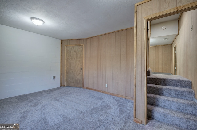 basement with a textured ceiling, carpet floors, and wooden walls