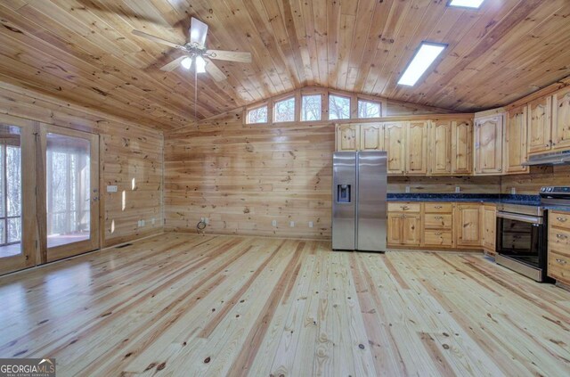 kitchen featuring stainless steel appliances, vaulted ceiling, light wood-type flooring, ceiling fan, and wooden ceiling