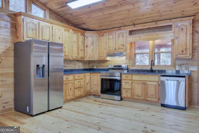 kitchen with sink, wood ceiling, light hardwood / wood-style floors, vaulted ceiling, and stainless steel appliances