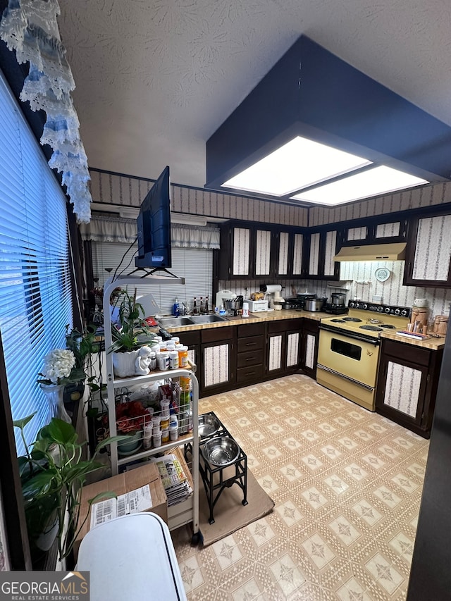 kitchen featuring white range with electric stovetop, a textured ceiling, and sink