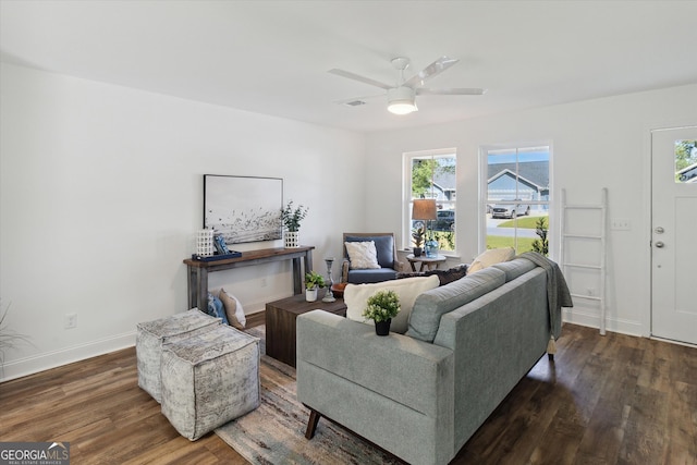 living room featuring ceiling fan, a wealth of natural light, and dark hardwood / wood-style flooring