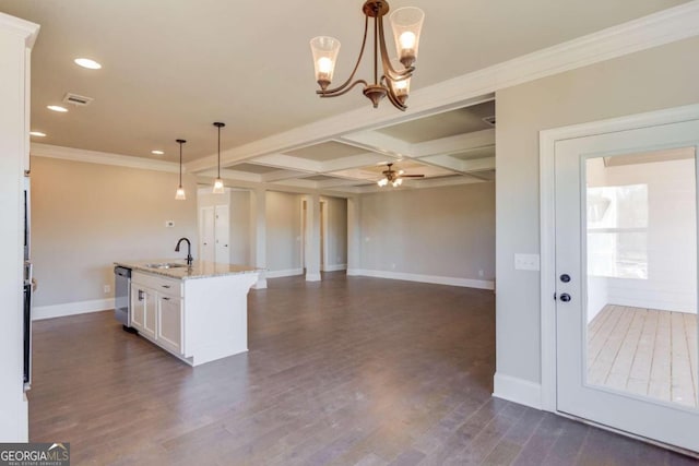 kitchen with coffered ceiling, hanging light fixtures, white cabinetry, dark hardwood / wood-style floors, and sink