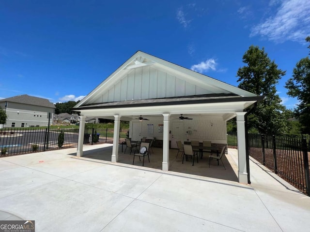 exterior space featuring ceiling fan