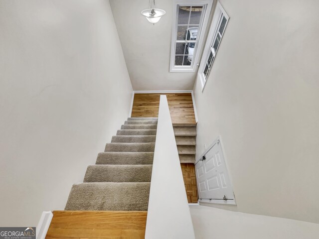 stairs featuring hardwood / wood-style floors