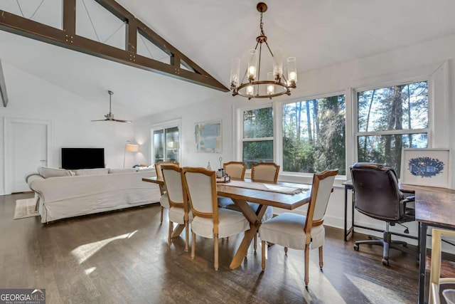 dining space featuring dark wood-type flooring, high vaulted ceiling, beamed ceiling, and ceiling fan with notable chandelier