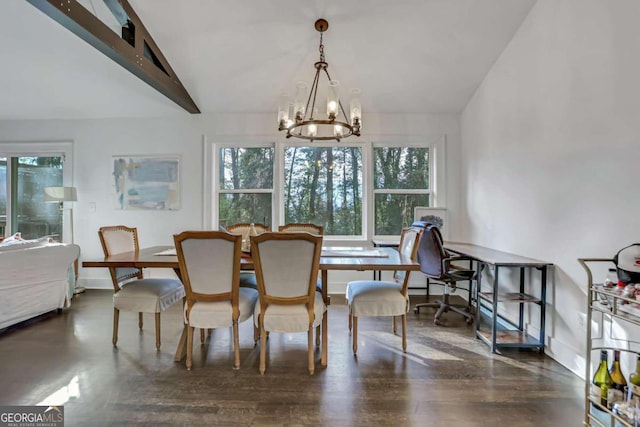 dining space with dark hardwood / wood-style flooring, vaulted ceiling with beams, and a chandelier