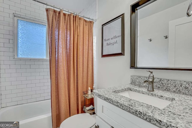 full bathroom with shower / bathtub combination with curtain, toilet, and vanity