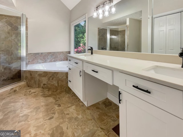 bathroom featuring vanity, plus walk in shower, and vaulted ceiling