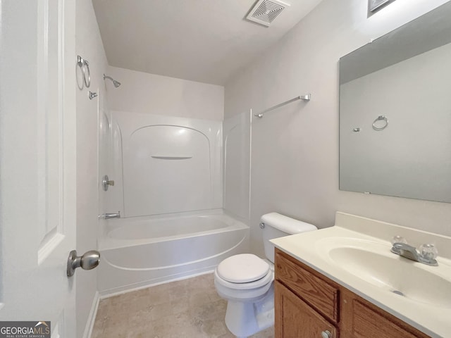 full bathroom with vanity, tub / shower combination, and toilet