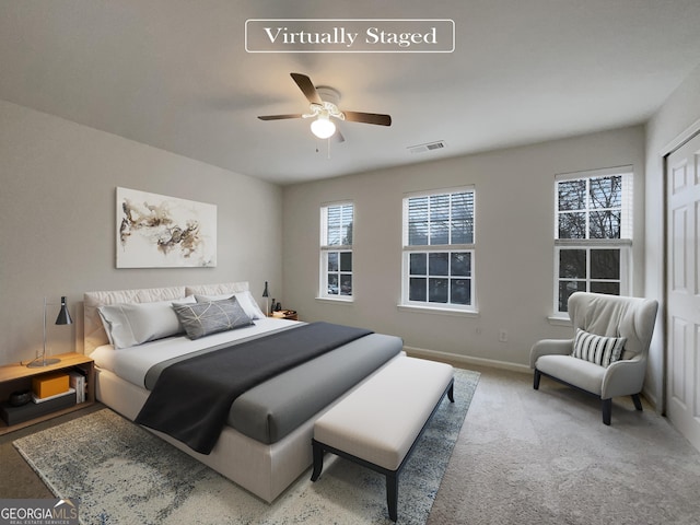 bedroom featuring carpet flooring and ceiling fan