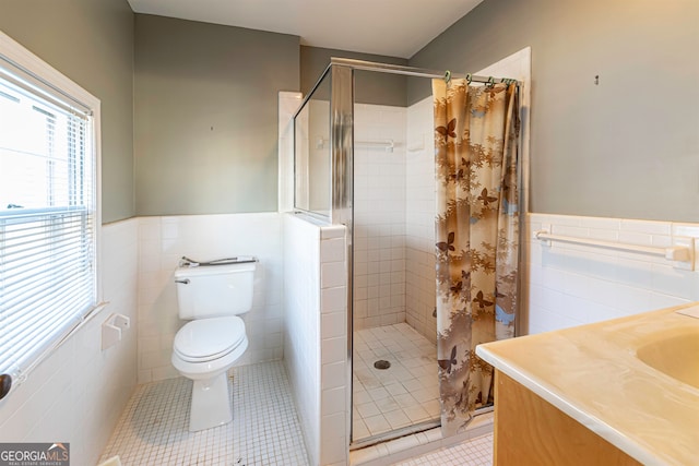 bathroom with a shower with shower curtain, tile walls, tile flooring, and toilet