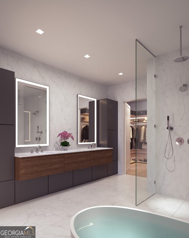 318 Sandy Springs Cir Unit 160, Sandy Springs, GA 30328 - bathroom featuring marble tiled flooring, double vanity, a marble finish shower, and a walk in closet