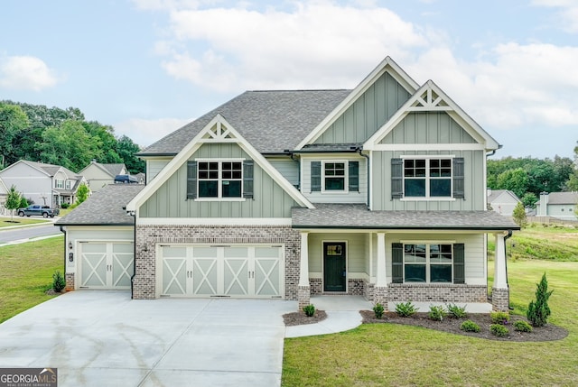 craftsman-style house with covered porch, a front yard, and a garage