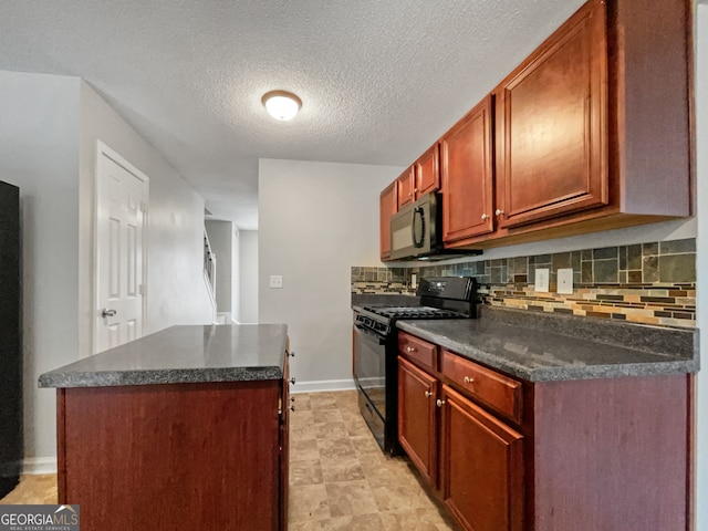 kitchen with backsplash, black appliances, a textured ceiling, and a kitchen island