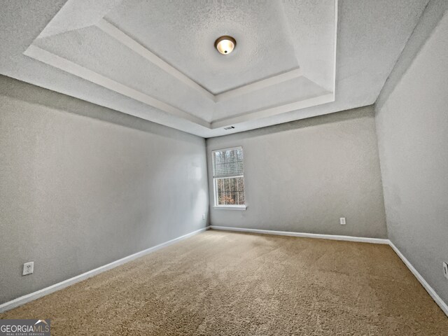 carpeted empty room with a textured ceiling and a raised ceiling