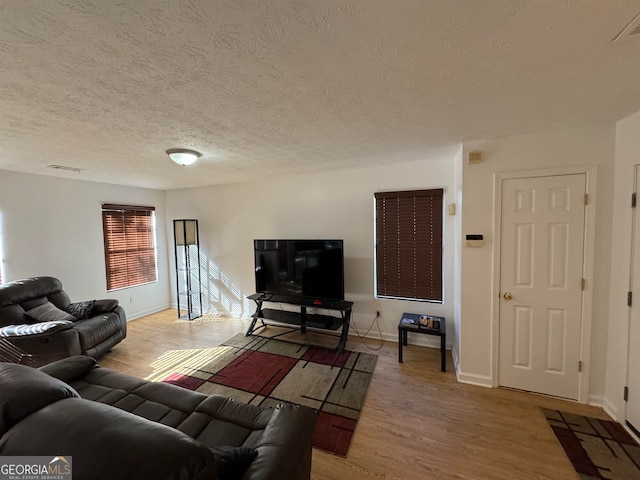 living room with a textured ceiling and light wood-type flooring