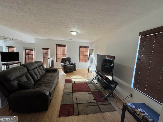 living room with a textured ceiling and light hardwood / wood-style flooring