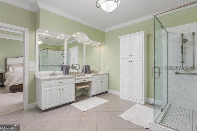 bathroom with tile floors, ornamental molding, a shower with door, and dual bowl vanity