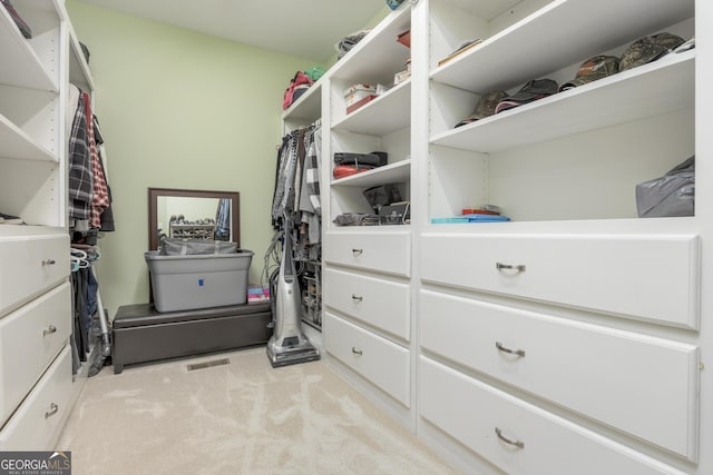 walk in closet with light carpet