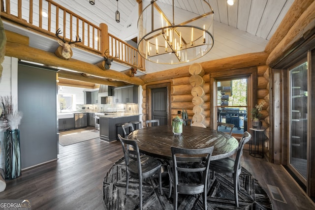 dining area with high vaulted ceiling, rustic walls, dark hardwood / wood-style flooring, wooden ceiling, and an inviting chandelier