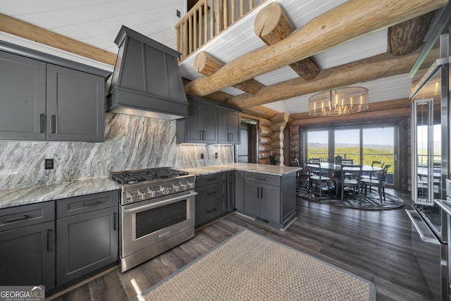 kitchen with beamed ceiling, backsplash, dark wood-type flooring, high end stainless steel range, and premium range hood