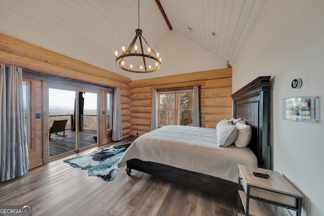 bedroom featuring high vaulted ceiling, log walls, dark hardwood / wood-style flooring, and a chandelier