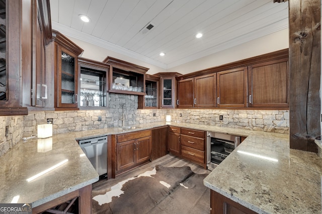 kitchen with light stone counters, wine cooler, sink, stainless steel dishwasher, and ornamental molding