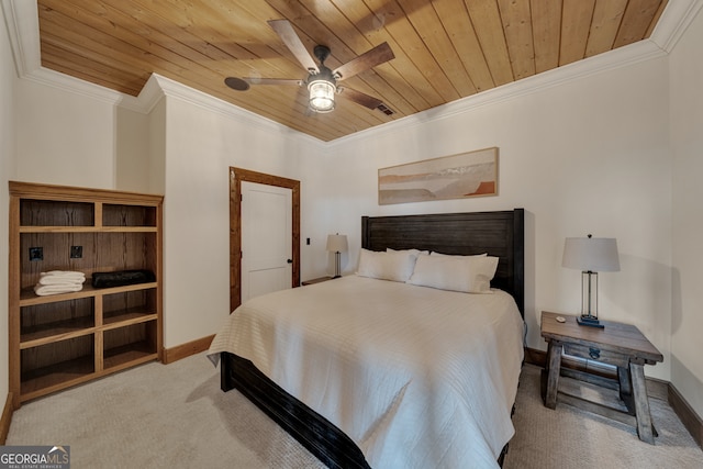 carpeted bedroom with wood ceiling, ceiling fan, and ornamental molding