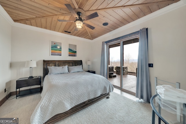 bedroom featuring light carpet, access to outside, ornamental molding, wood ceiling, and ceiling fan