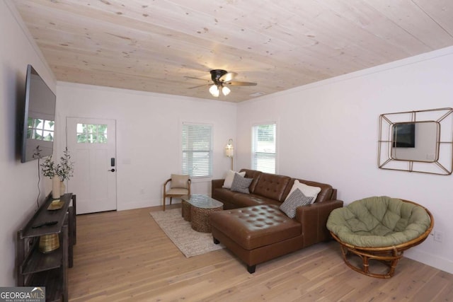 living room with light hardwood / wood-style floors, ornamental molding, wooden ceiling, and ceiling fan