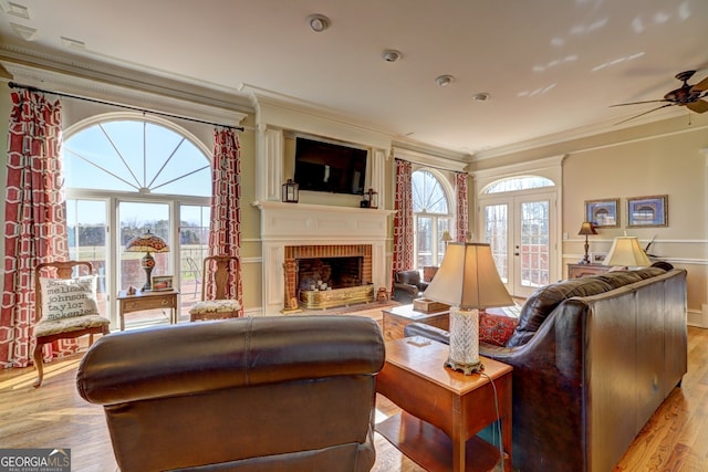 living room featuring a wealth of natural light, light hardwood / wood-style flooring, and a fireplace