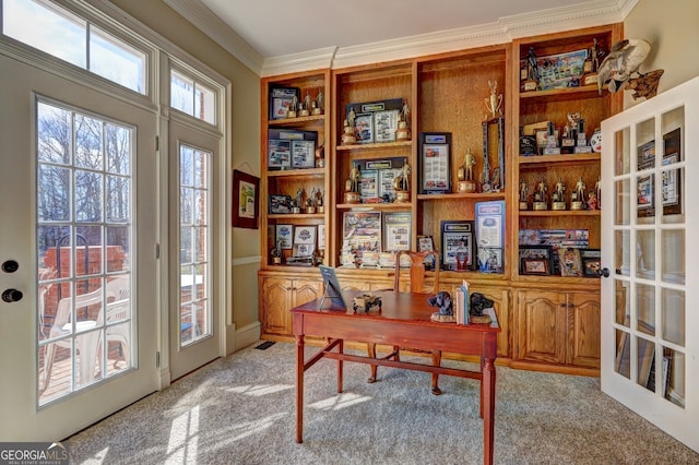 office featuring light carpet and crown molding