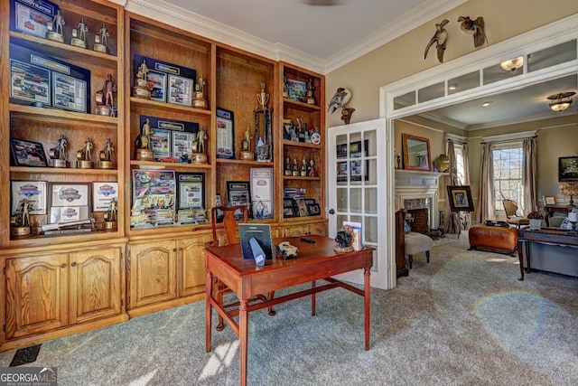 office space featuring crown molding and dark colored carpet