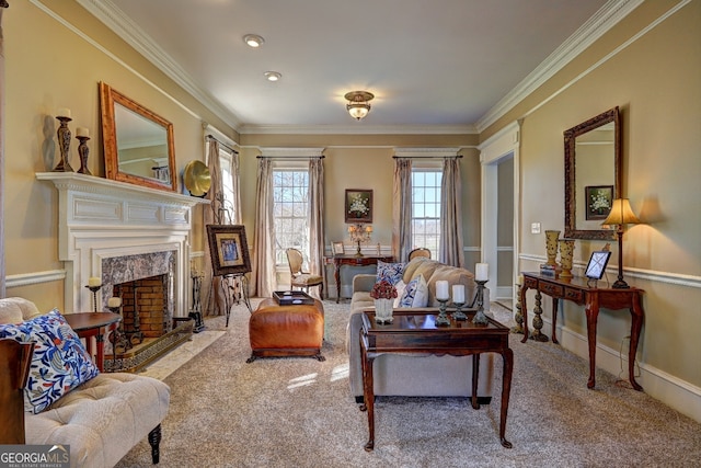 carpeted living room featuring a fireplace and ornamental molding