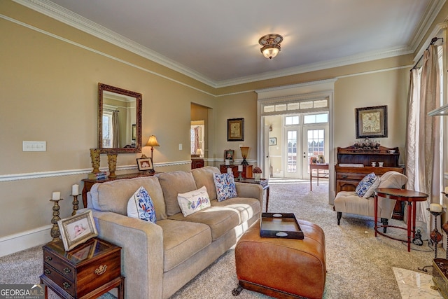 living room featuring light carpet and ornamental molding