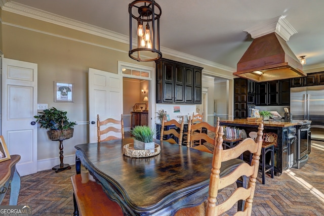 dining area featuring an inviting chandelier, dark parquet floors, and ornamental molding