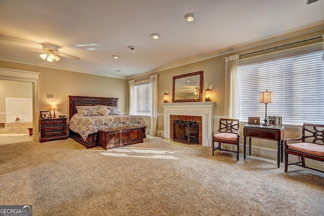 bedroom featuring crown molding, a brick fireplace, and light carpet