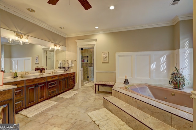 bathroom featuring ceiling fan, tile flooring, shower with separate bathtub, and ornamental molding