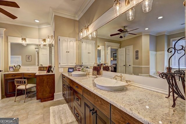 bathroom with double sink, ceiling fan, ornamental molding, large vanity, and tile floors