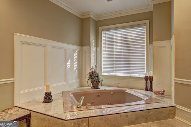 bathroom featuring tile floors and crown molding