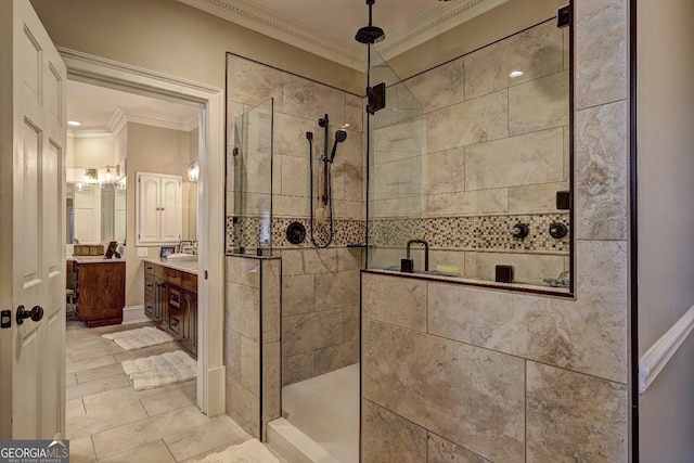 bathroom with walk in shower, crown molding, vanity, and tile floors