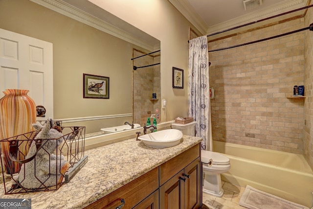 full bathroom with toilet, shower / bath combo, vanity, and crown molding