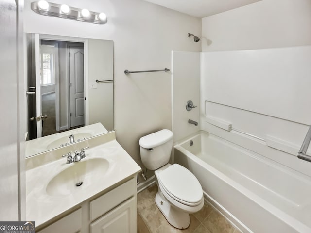 338 Hunterian Pl, Newnan, GA 30265 - bathroom featuring toilet, baseboards, shower / washtub combination, tile patterned flooring, and vanity