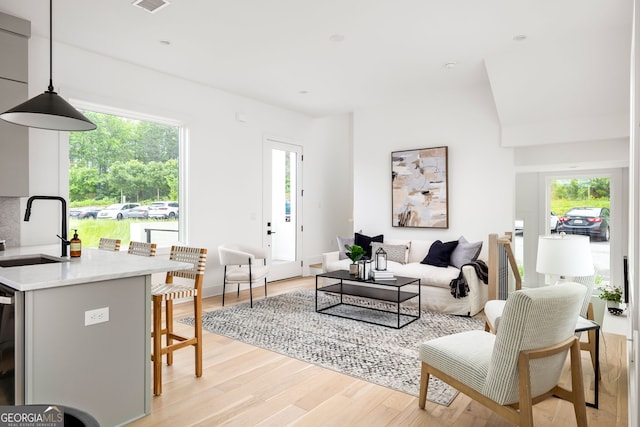 living room with light wood-type flooring, a wealth of natural light, and sink