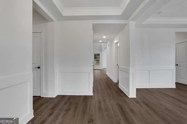 hallway featuring ornamental molding, dark hardwood / wood-style floors, and a tray ceiling