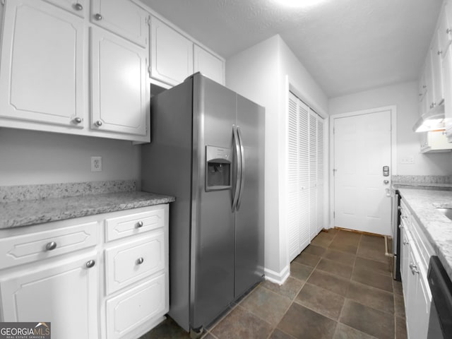 kitchen with white cabinets, dishwasher, under cabinet range hood, and stainless steel fridge with ice dispenser