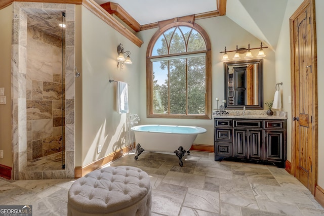 bathroom featuring tile flooring, independent shower and bath, and oversized vanity